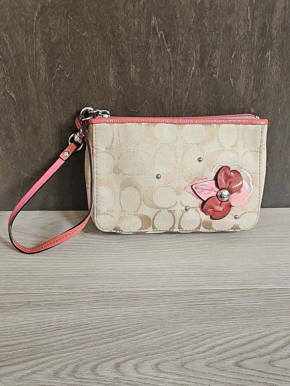 Coach Pink Floral Applique Tan Jacquard Canvas Wristlet